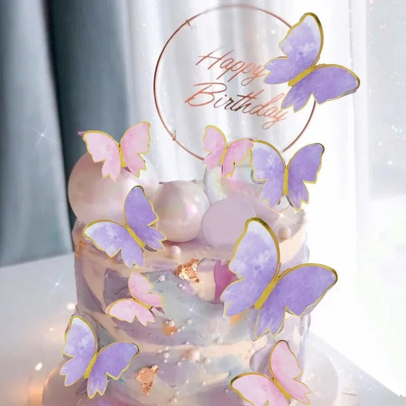 Pastel butterfly cake toppers on a birthday cake, perfect for baking decorations from Bakeyy.com