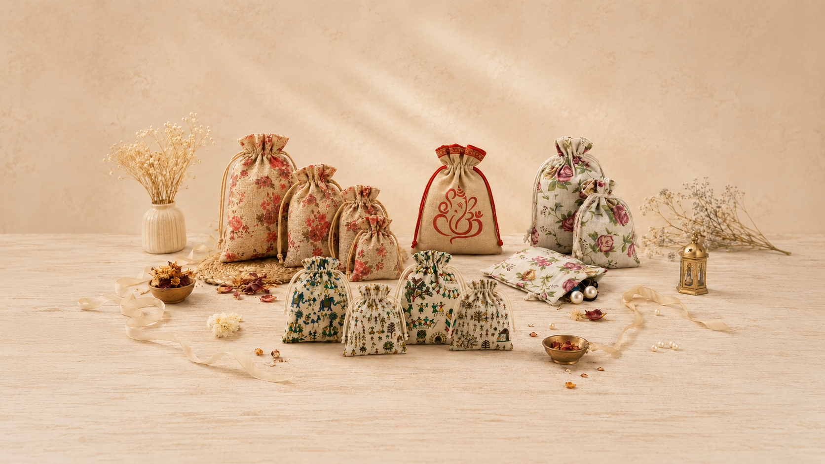 Printed Jute Potli Bag - Bakeyy.com