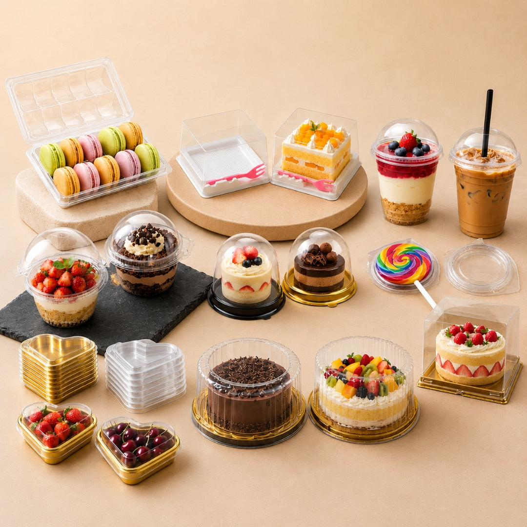 Assorted layered desserts in clear plastic takeaway boxes, perfect for bakery packaging from Bakeyy.com