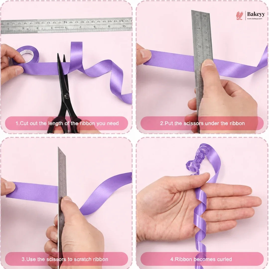 Step-by-step guide on how to curl ribbon using a Bakey tool.