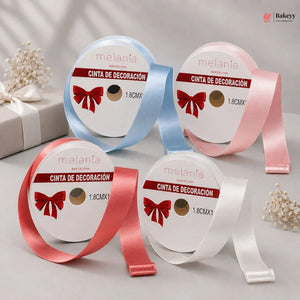 Four spools of ribbon with decorative bows on a light gray surface, featuring the brand 'melania'.