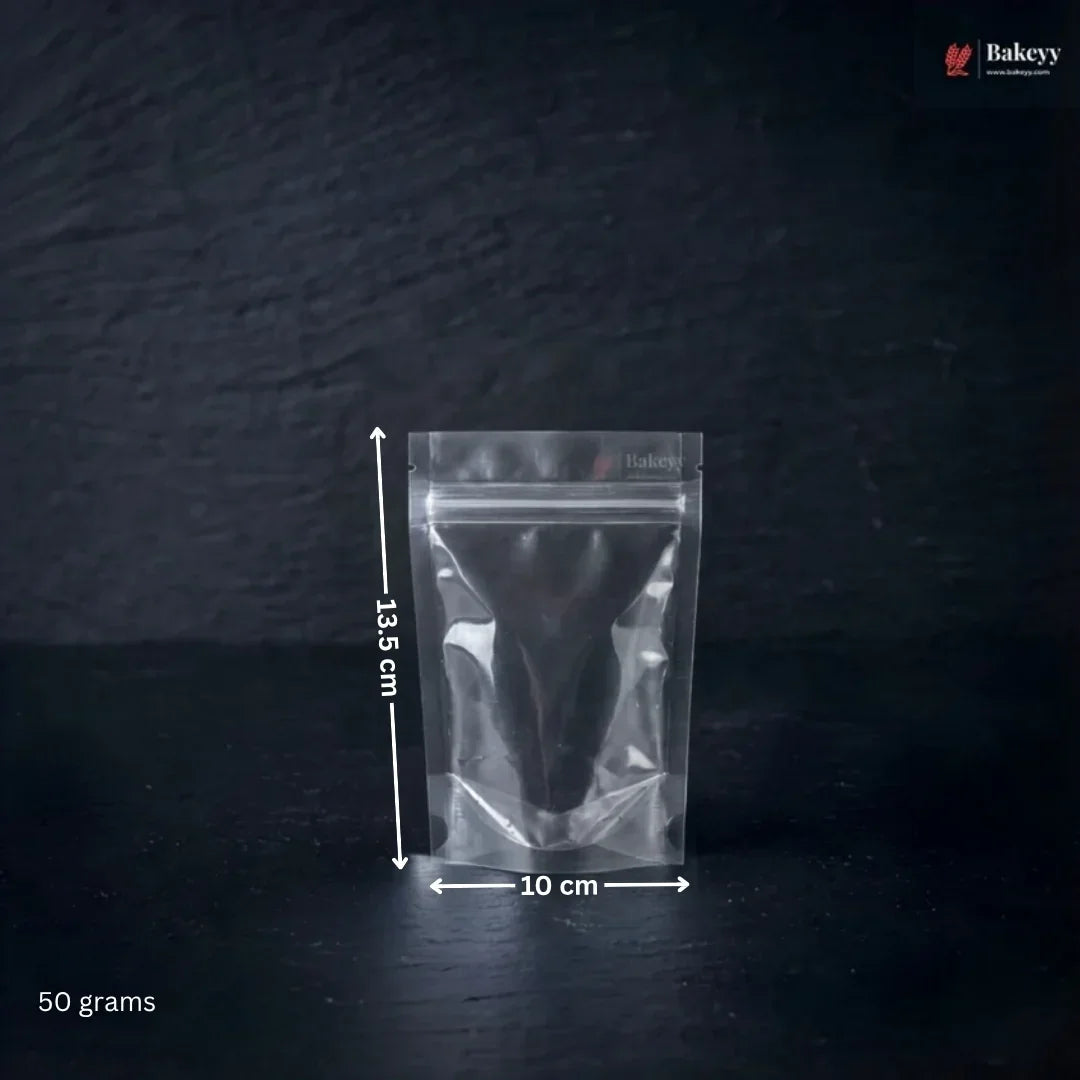 Clear plastic bag with dimensions labeled on a dark background, featuring the Bakey brand.