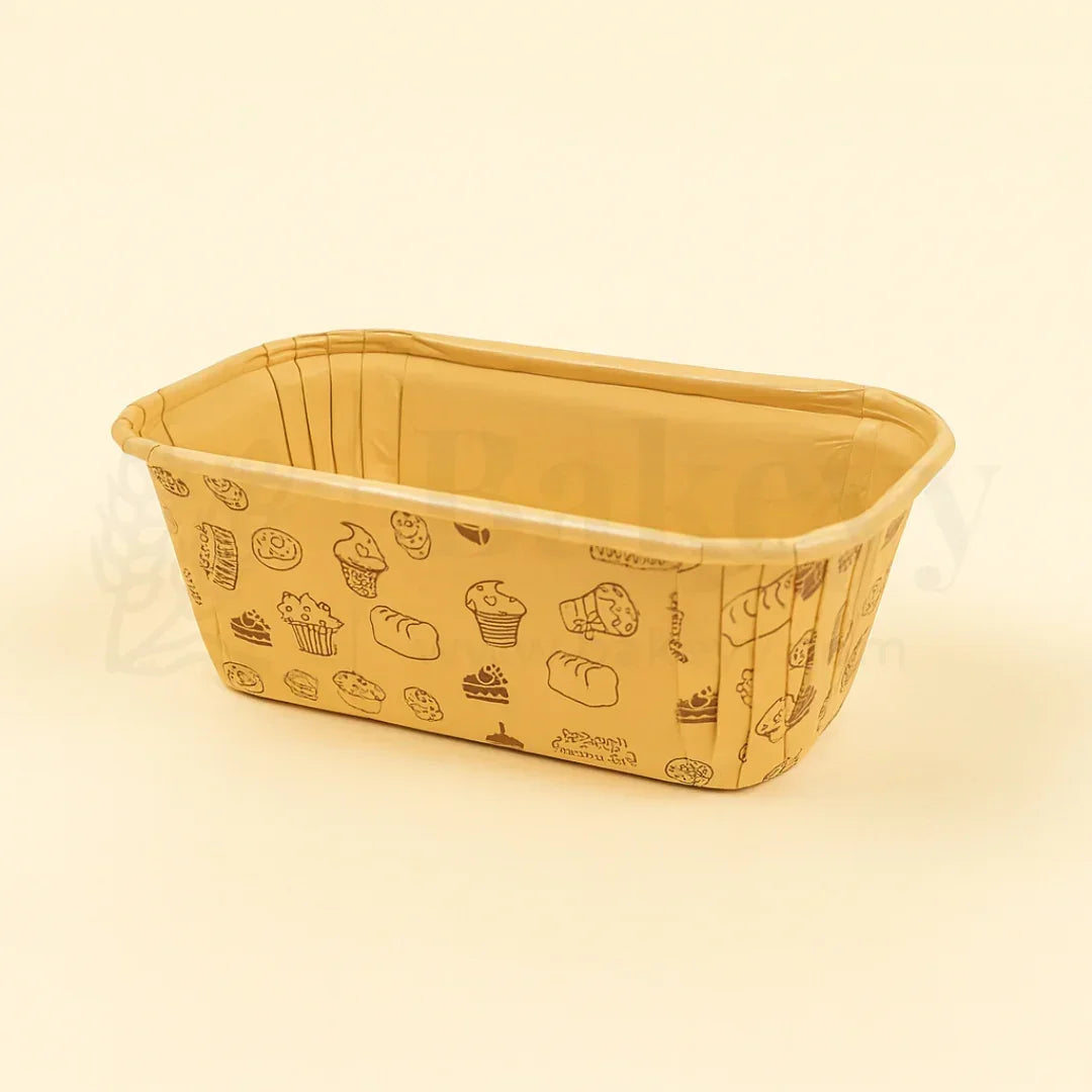 Beige paper container with food-related illustrations on a beige background