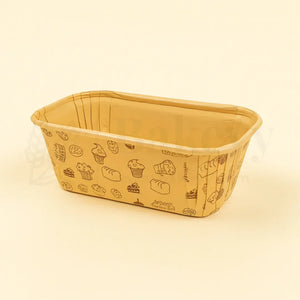 Beige paper container with food-related illustrations on a beige background