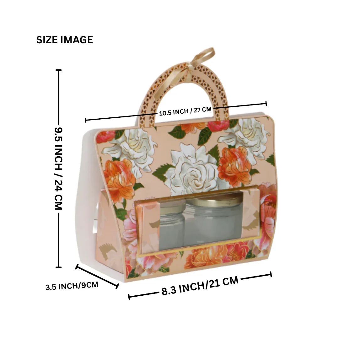 10.5x3.5x9.5 Inches | Floral Printed Peach Colour Hamper Box with Handle - Pack of 10