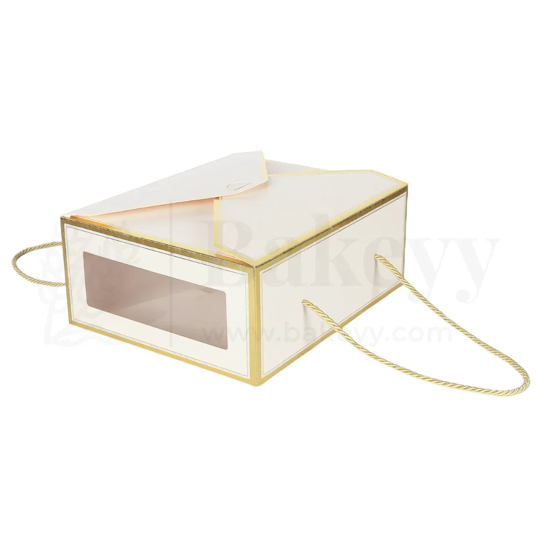 12x10x5 Inches | Premium Cream Hamper Box with Window & Golden Handle Rope – Pack of 10