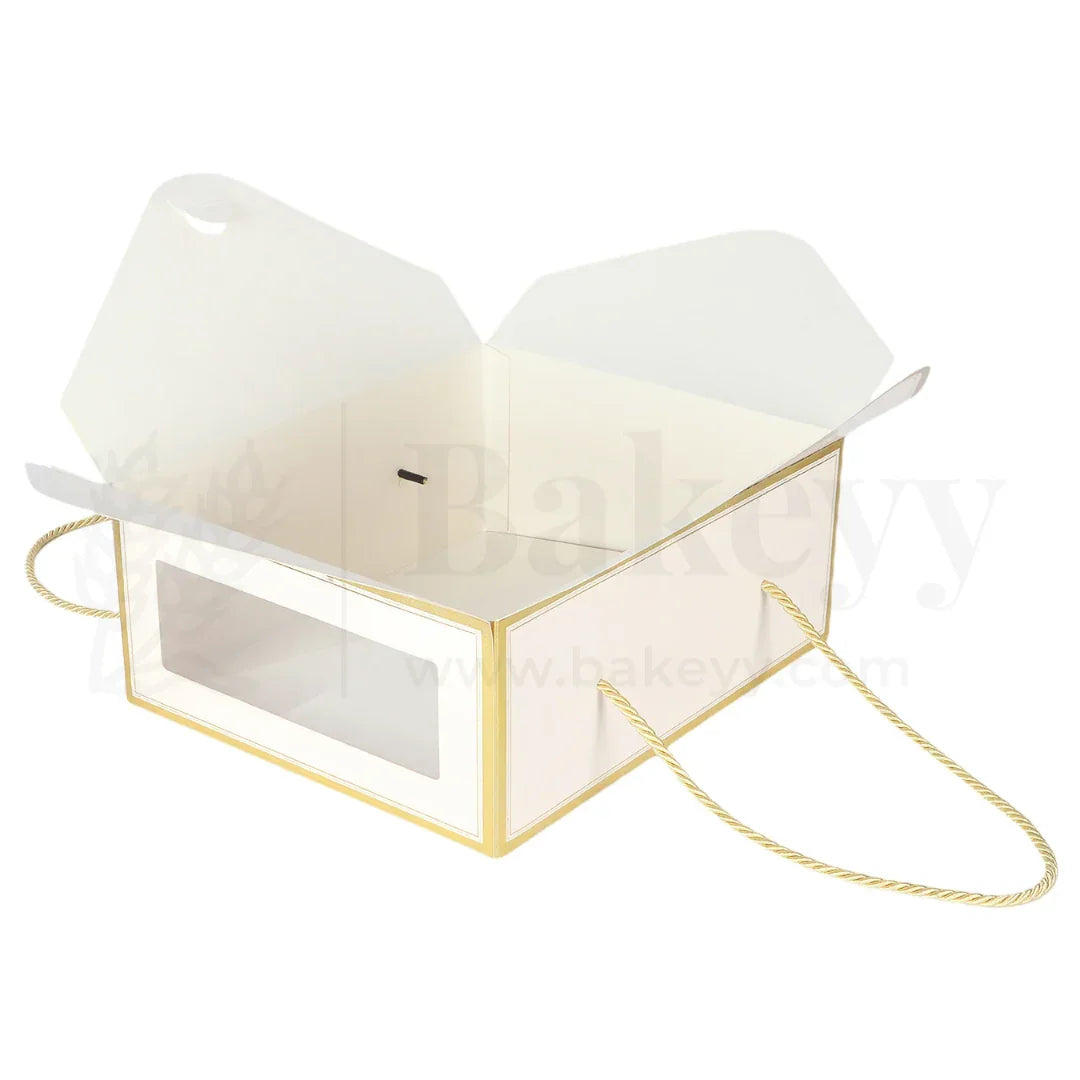 12x10x5 Inches | Premium Cream Hamper Box with Window & Golden Handle Rope – Pack of 10