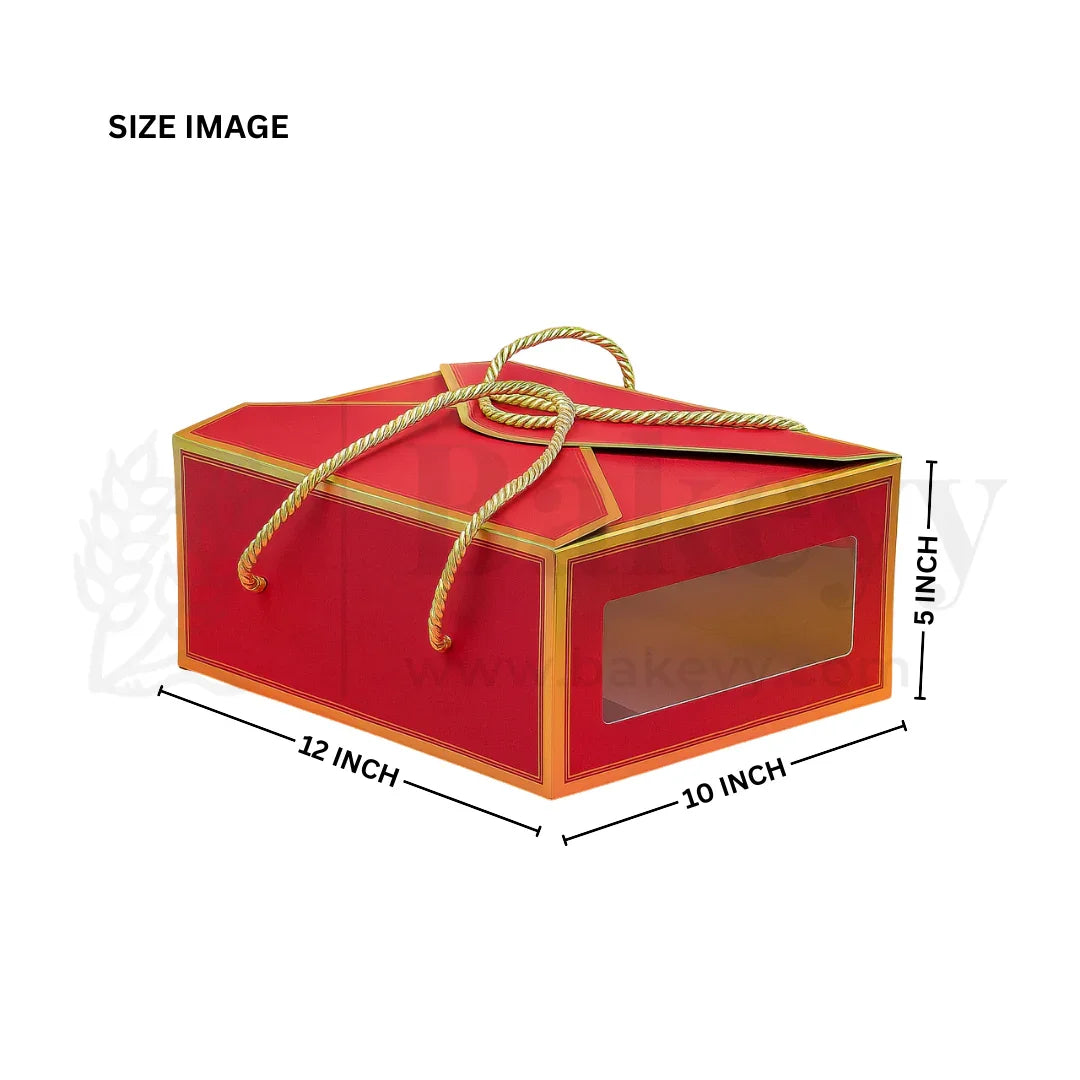 12x10x5 Inches | Premium Red Hamper Box with Window & Golden Handle Rope – Pack of 10