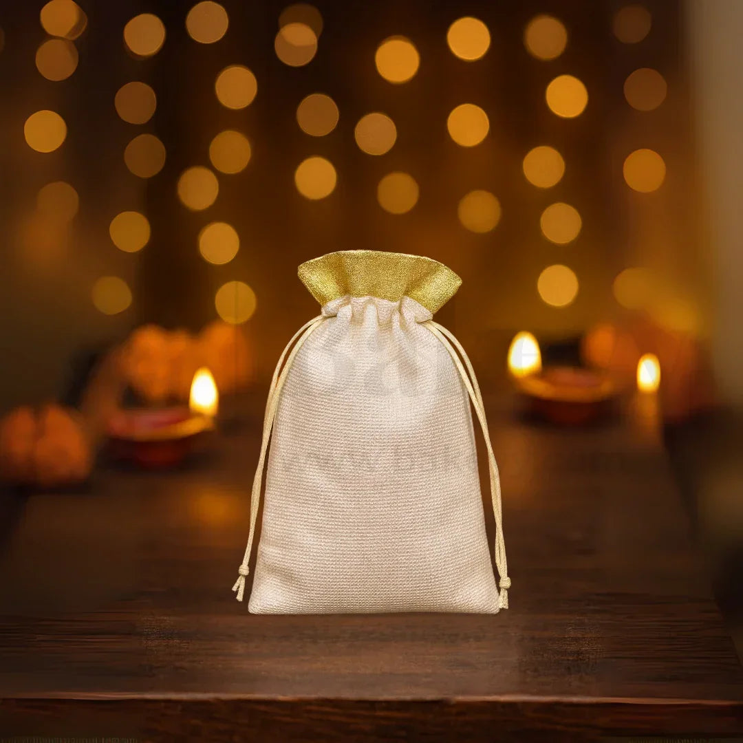 Foam Jute Potli Bag with Golden Top Border| Pack of 25 - Bakeyy.com - India - Foam Jute Potli Bag with Golden Top Border| Pack of 25 - 7x10Cm(Small)