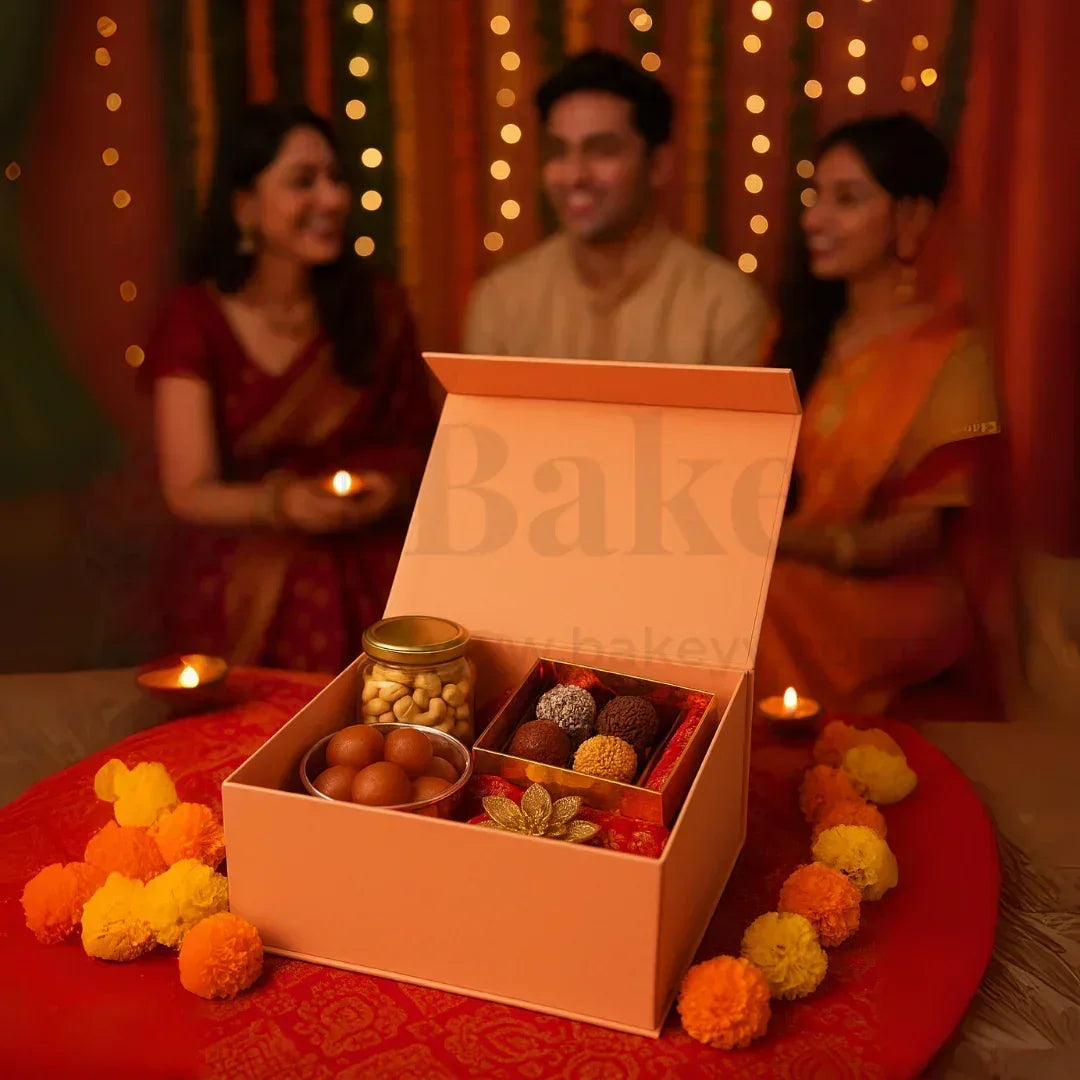 Premium Peach Colour Collapsible Magnetic Lid Gift Box - Pack of 1 - Bakeyy.com - India - Premium Peach Colour Collapsible Magnetic Lid Gift Box - Pack of 1 - 8x8x4 Inch