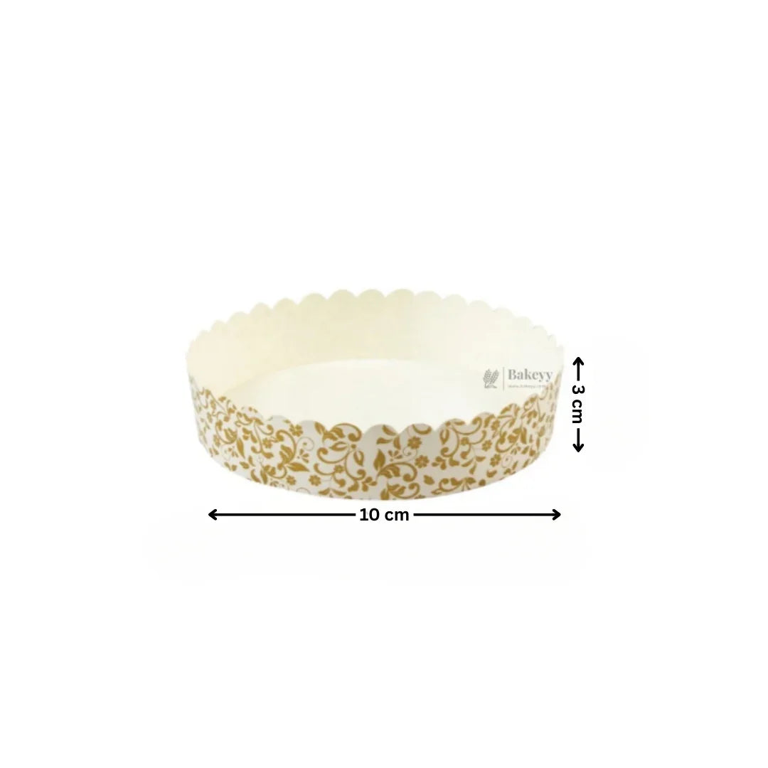 10 cm round gold floral baking mold with 3 cm height on white background, Bakeyy baking supplies
