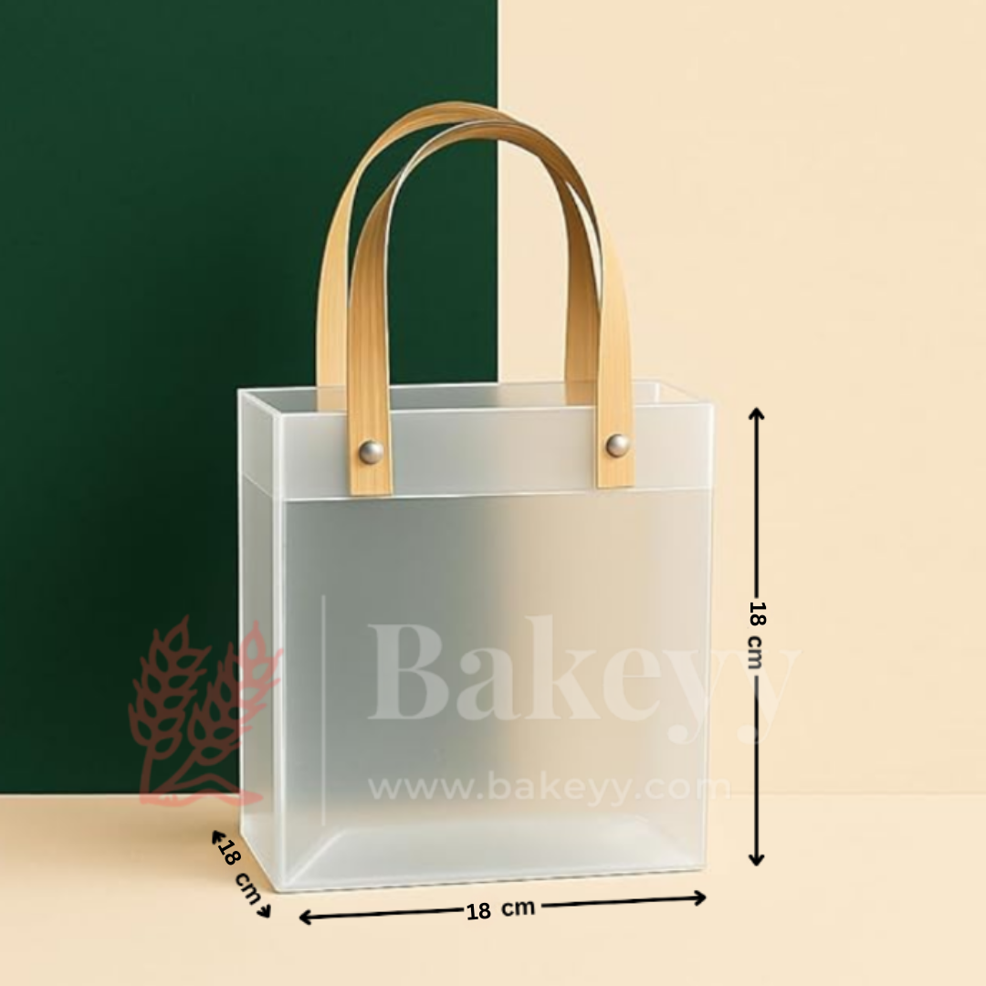 Square Frosted Matte Gift Bag with Wood-Textured Handles | Translucent PVC Party Favor & Retail Packaging | Pack Of 12