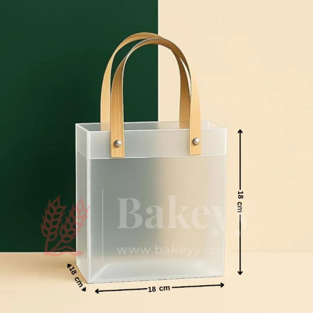 Square Frosted Matte Gift Bag with Wood-Textured Handles | Translucent PVC Party Favor & Retail Packaging | Pack Of 12 - Bakeyy.com - India - Square Frosted Matte Gift Bag with Wood-Textured Handles | Translucent PVC Party Favor & Retail Packaging | Pack Of 12 - 18x18x18 Cm