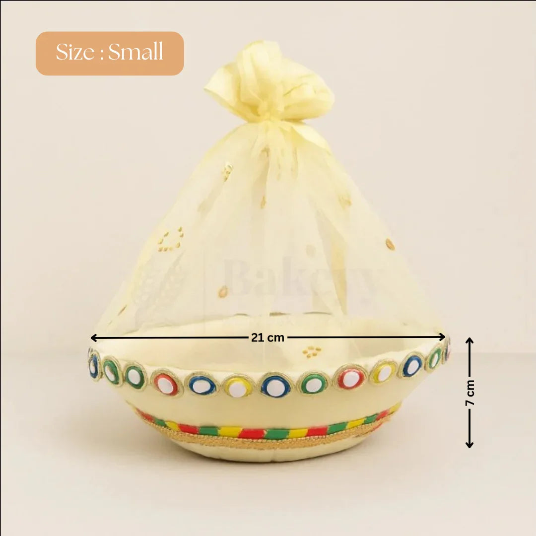 Elegant Round Hamper Basket with Golden Net | Hamper Basket | Pack Of 1