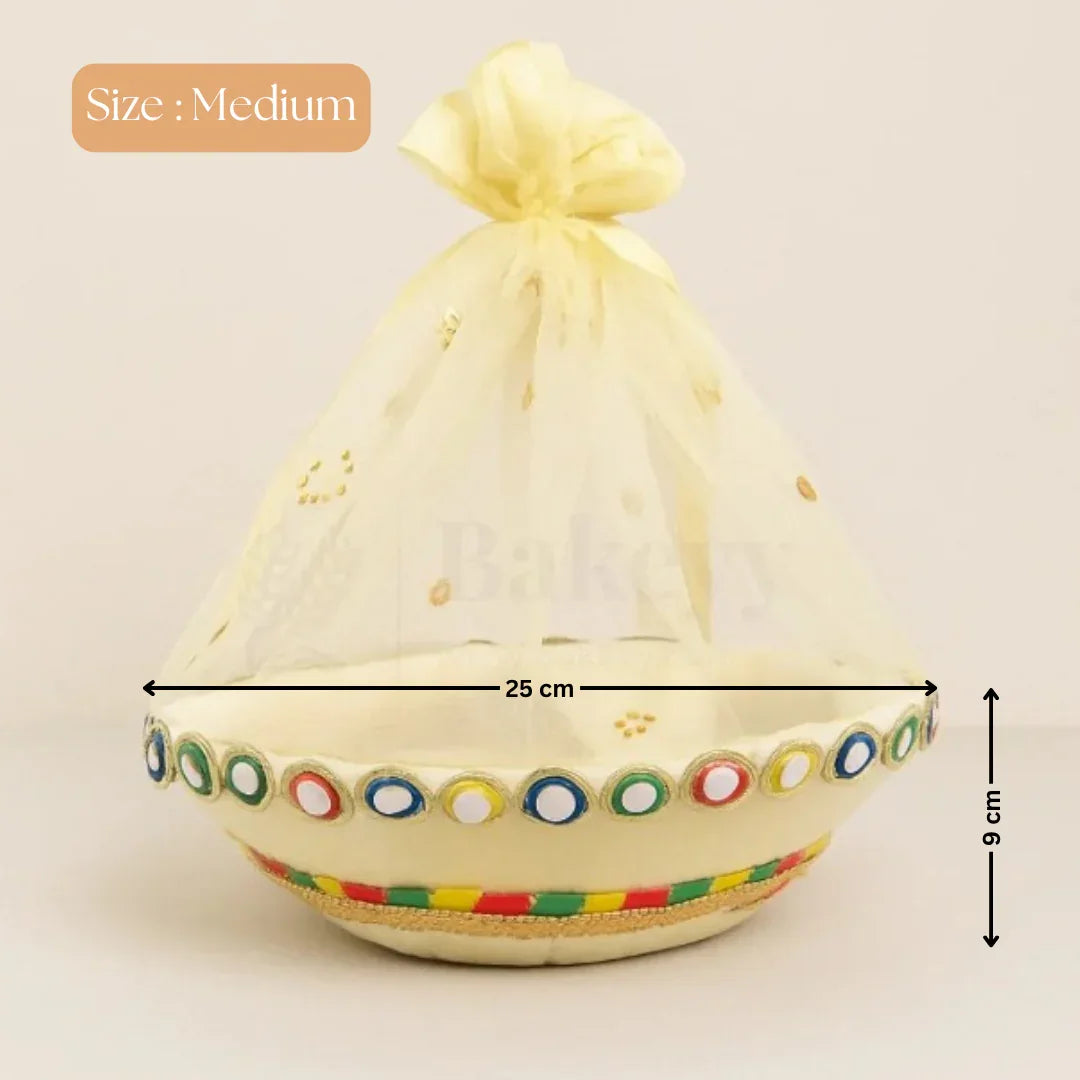 Elegant Round Hamper Basket with Golden Net | Hamper Basket | Pack Of 1