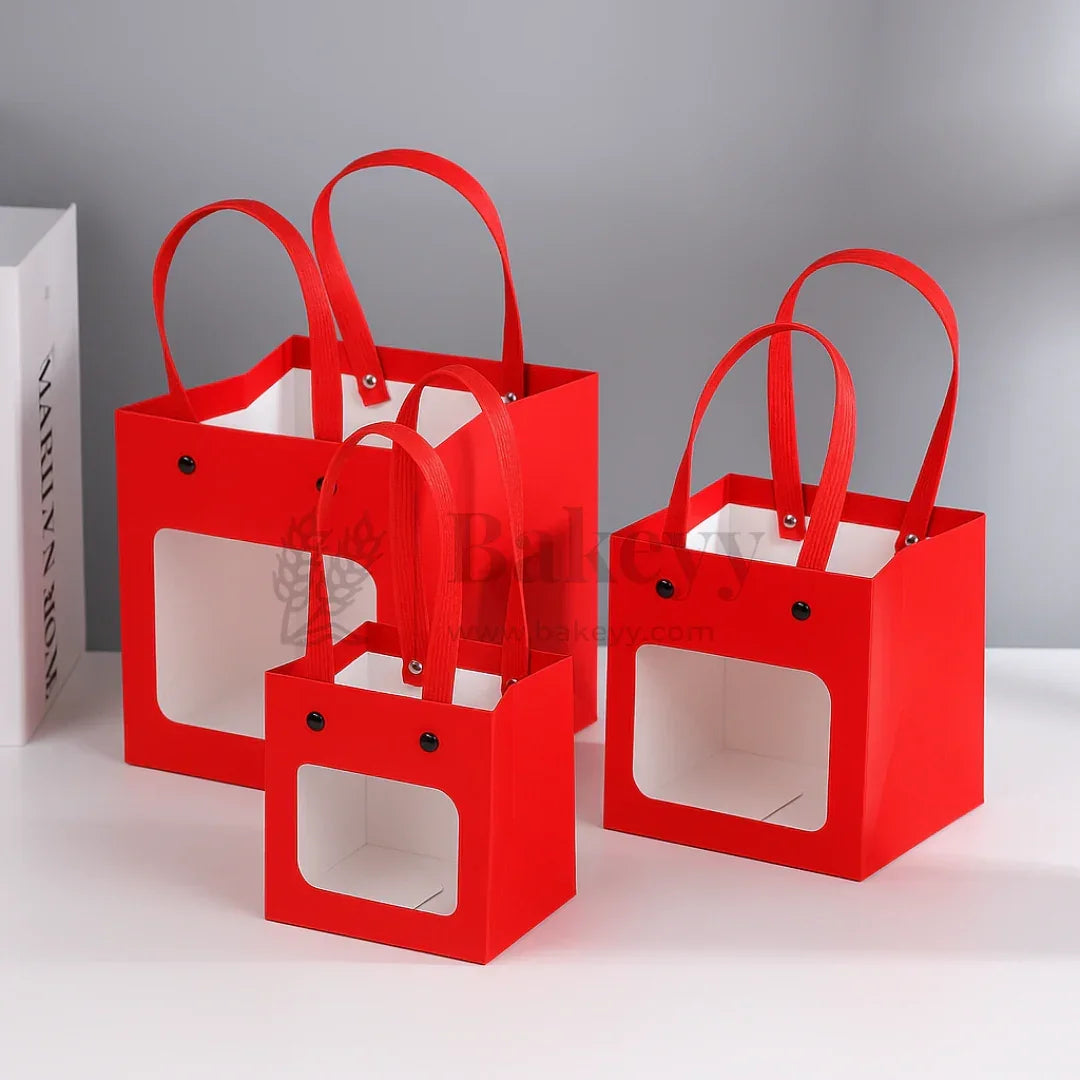 Red Paper Gift Bag with Transparent Window | Pack of 10 - Bakeyy.com - India - Red Paper Gift Bag with Transparent Window | Pack of 10 - Small