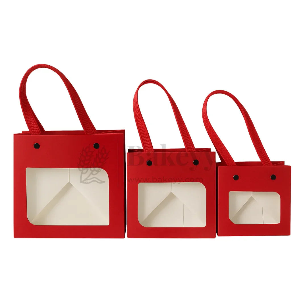 Red Paper Gift Bag with Transparent Window | Pack of 10