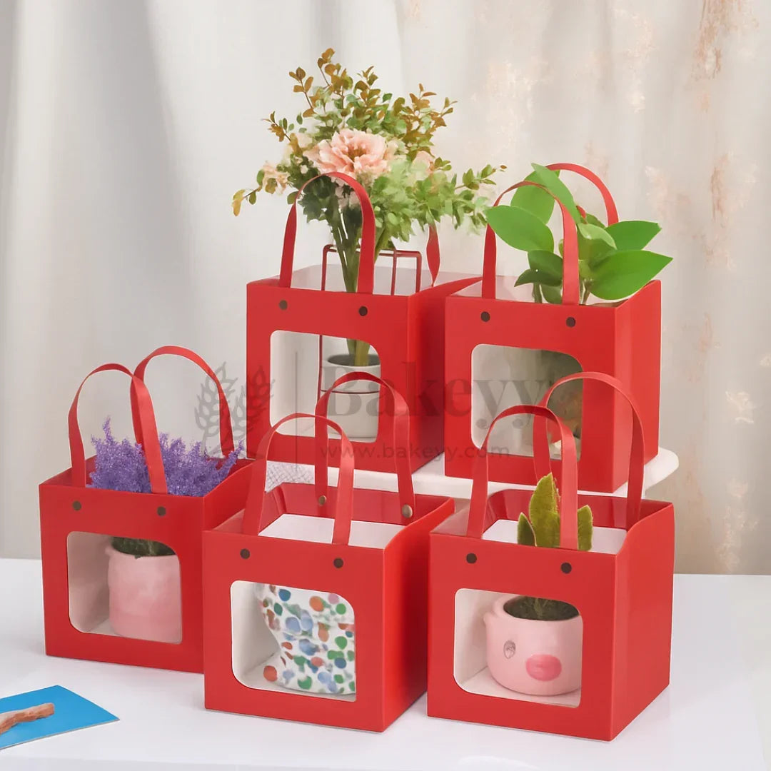 Red Paper Gift Bag with Transparent Window | Pack of 10 - Bakeyy.com - India - Red Paper Gift Bag with Transparent Window | Pack of 10 - Small
