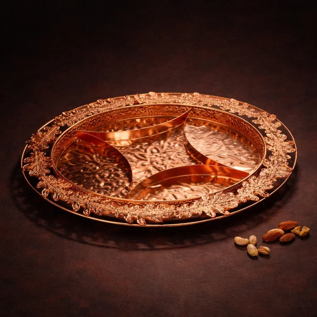 11.5_inch_Luxurious_Round_Rose_Gold-Plated_Serving_Tray_with_Intricate_Design_Metal_Dry_Fruit_Tray_1 - Bakeyy.com