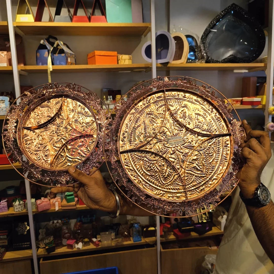 11.5_inch_Luxurious_Round_Rose_Gold-Plated_Serving_Tray_with_Intricate_Design_Metal_Dry_Fruit_Tray_Pack_of_1 - Bakeyy.com