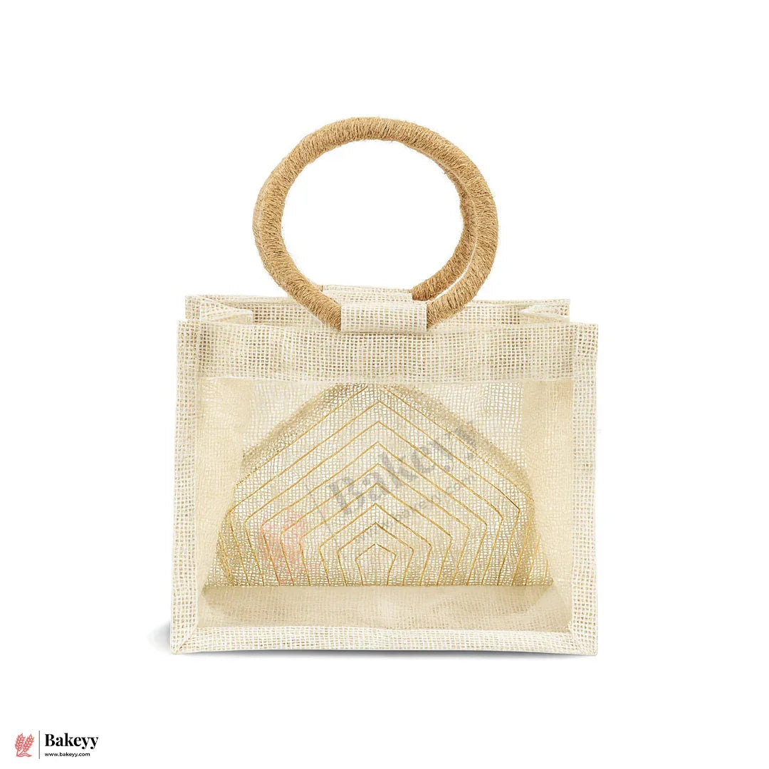 22x10.5x15 cm Beige & Cream Jute Gift Bag with Transparent Window & Round Handles Pack Of 1