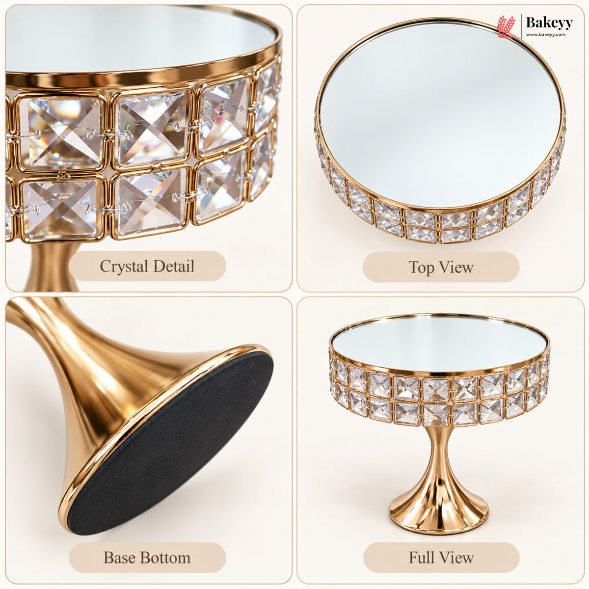 Golden Crystal Pedestal Cake Stand with Mirror Top | Pack of 1