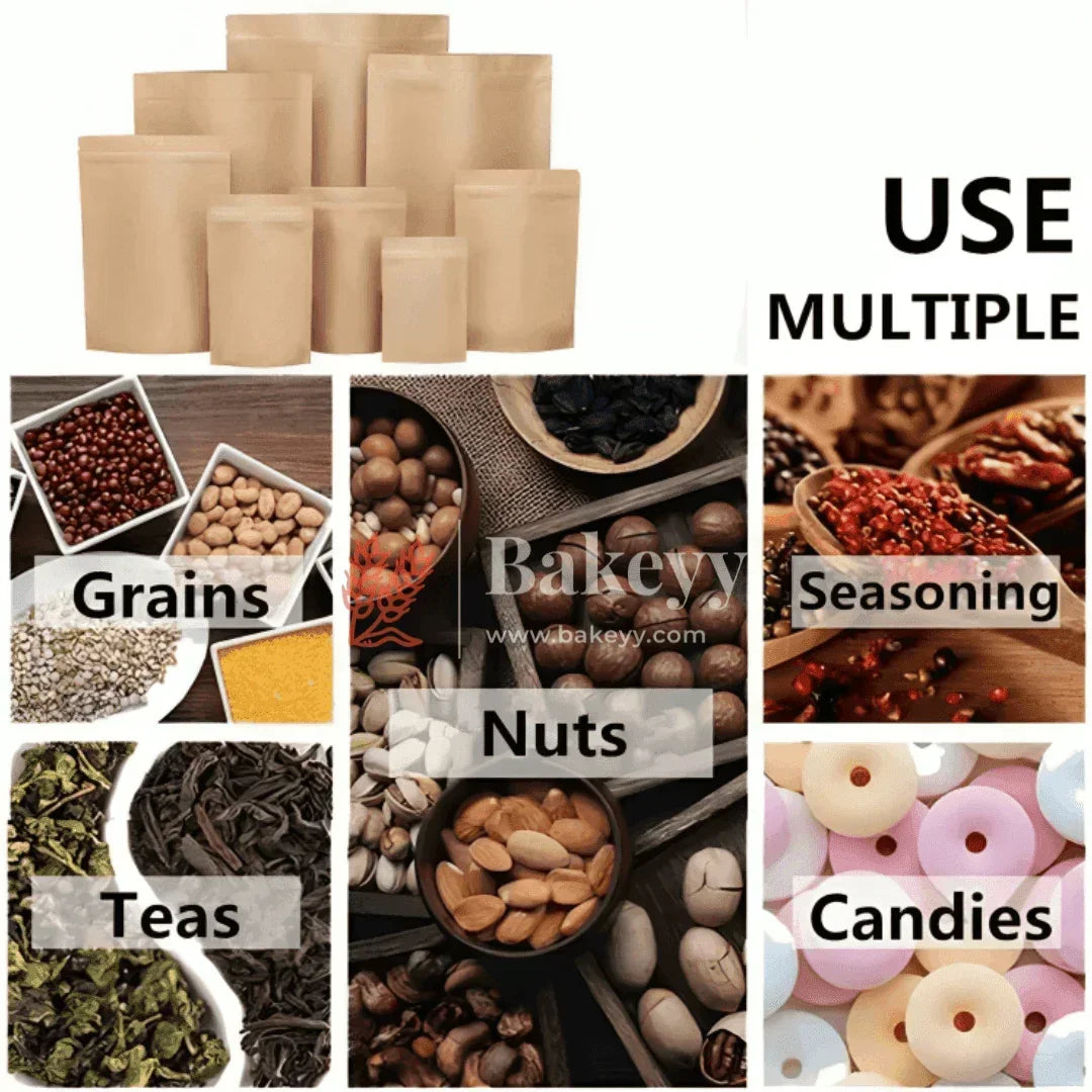 250g | Kraft Zip Lock Pouch | Brown | 15x21x4 CM | Standing Pouch - Bakeyy.com - India - 250g | Kraft Zip Lock Pouch | Brown | 15x21x4 CM | Standing Pouch - Pack Of 50 / 15x21x4 cm / 250 g