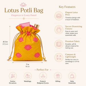 Yellow potli bag with pink lotus patterns and product details on a white background