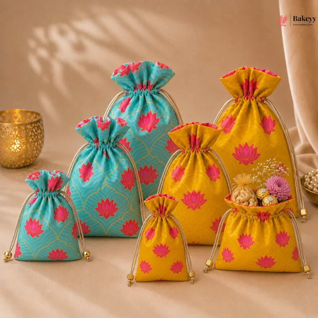 Set of colorful drawstring bags with floral patterns on a beige background