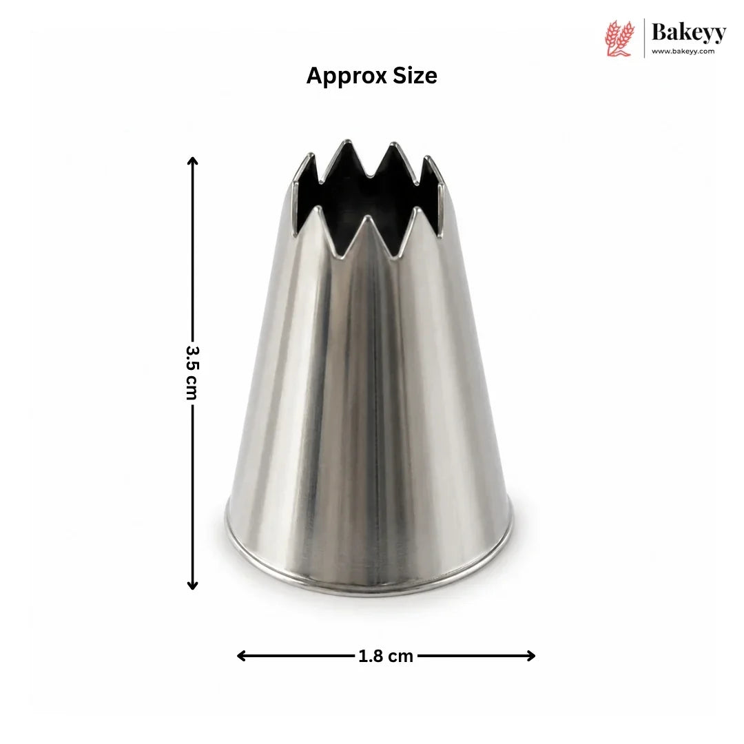 A stainless steel piping tip with dimension annotations showing a height of 3.5 cm and a star-shaped opening width of 1.