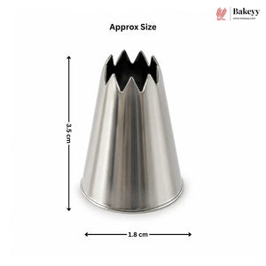 A stainless steel piping tip with dimension annotations showing a height of 3.5 cm and a star-shaped opening width of 1.