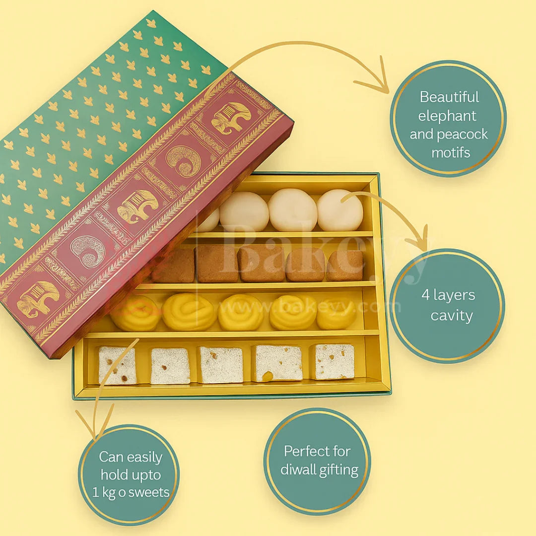 One Kg Sweet Box | 12.5x7.5x1.5 Inch | Maroon and Green Sweet and Chocolate box with Golden tray | Elephant and Peacock motifs | 1 Piece
