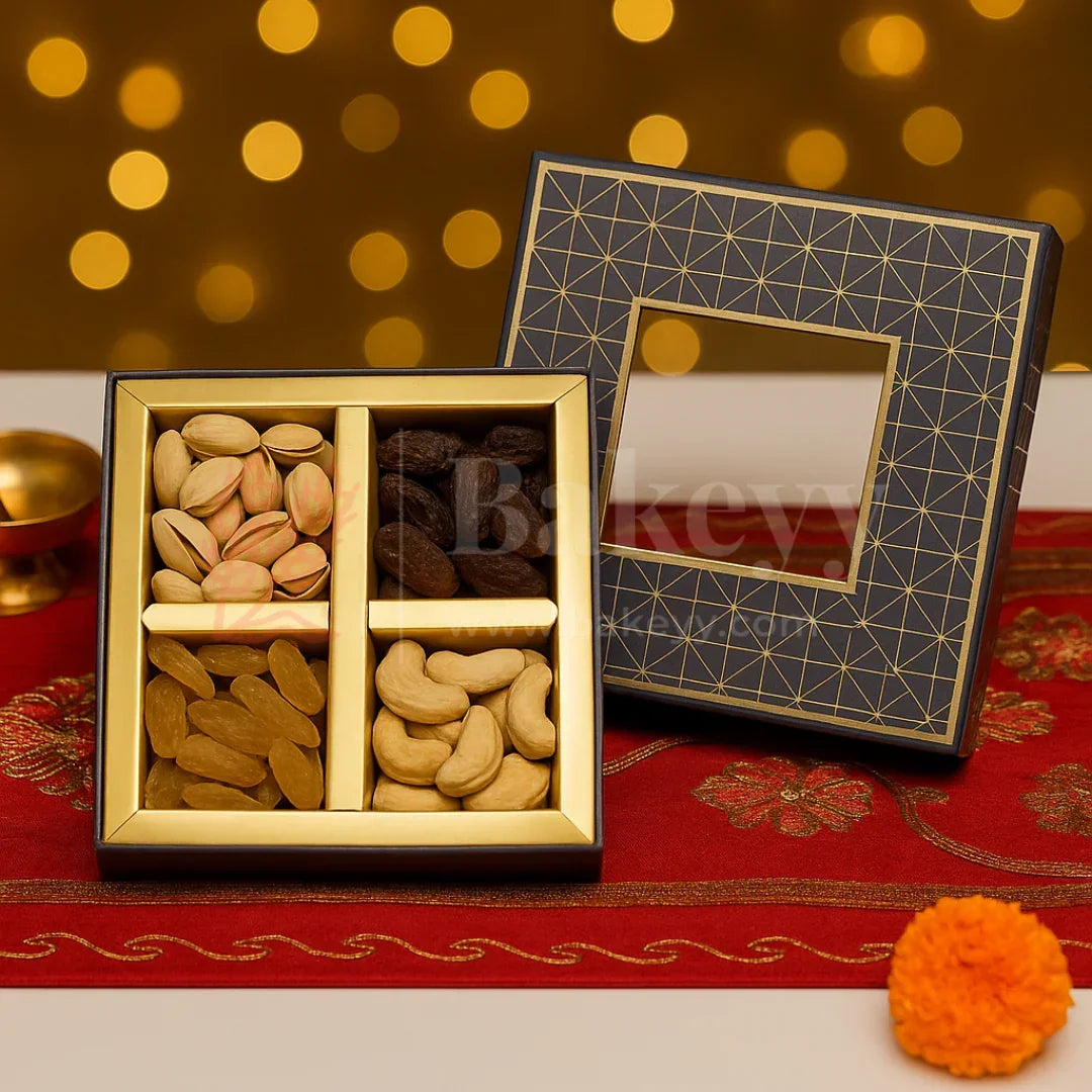 4 Cavity | Rigid Dry Fruit Box | Elegant Hamper Box with Window Lid | Small | 1 Piece