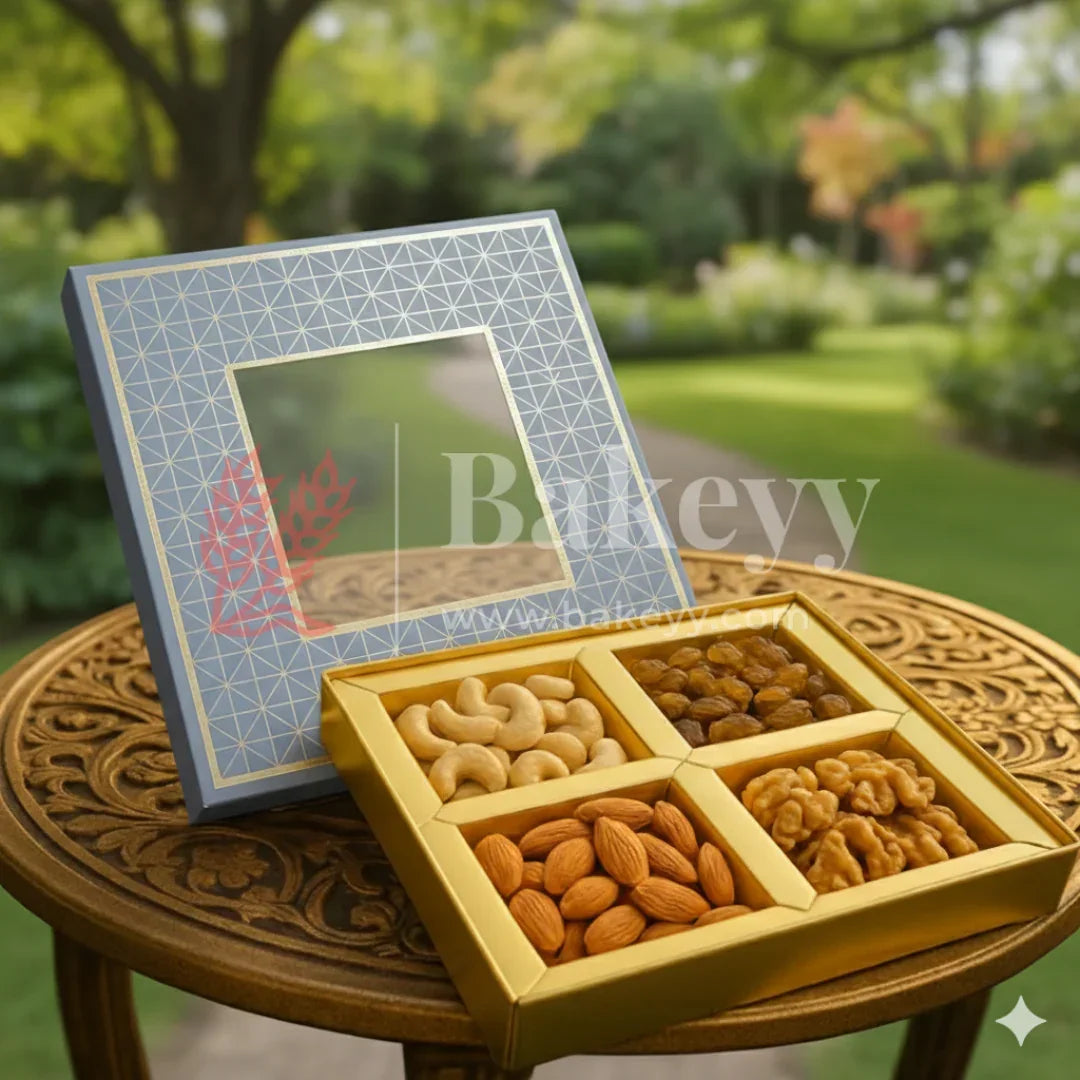 4 Cavity | Rigid Dry Fruit Box | Elegant Hamper Box with Window Lid | Small | 1 Piece