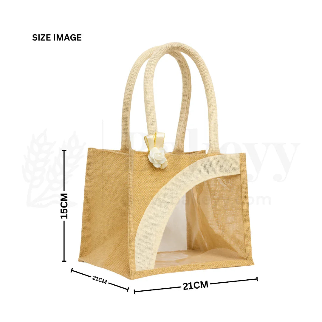 21x21x15 CM | Beige & Cream 4 Jar Ethnic Jute Gift Bag with Window & Handle – 1 Piece