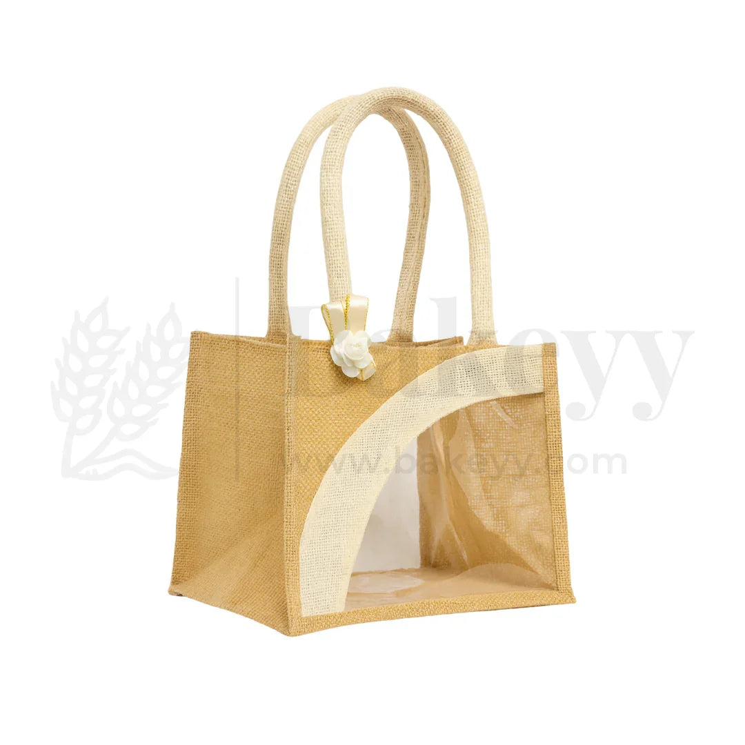 21x21x15 CM | Beige & Cream 4 Jar Ethnic Jute Gift Bag with Window & Handle – 1 Piece
