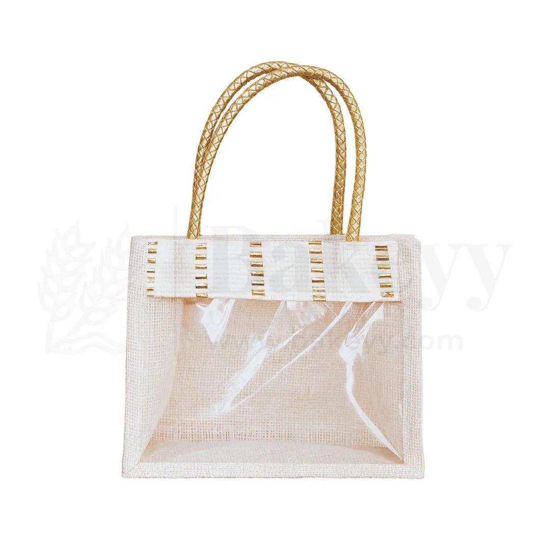 21x21x15 CM | Cream 4 Jar Ethnic Jute Gift Bag with Front Window & Golden Handle – 1 Piece