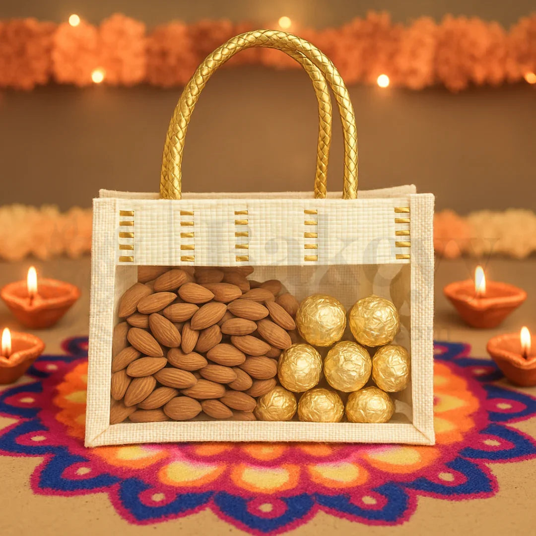 21x10x16 CM | Cream 2 Jar Ethnic Jute Gift Bag with Front Window & Golden Handle – 1 Piece