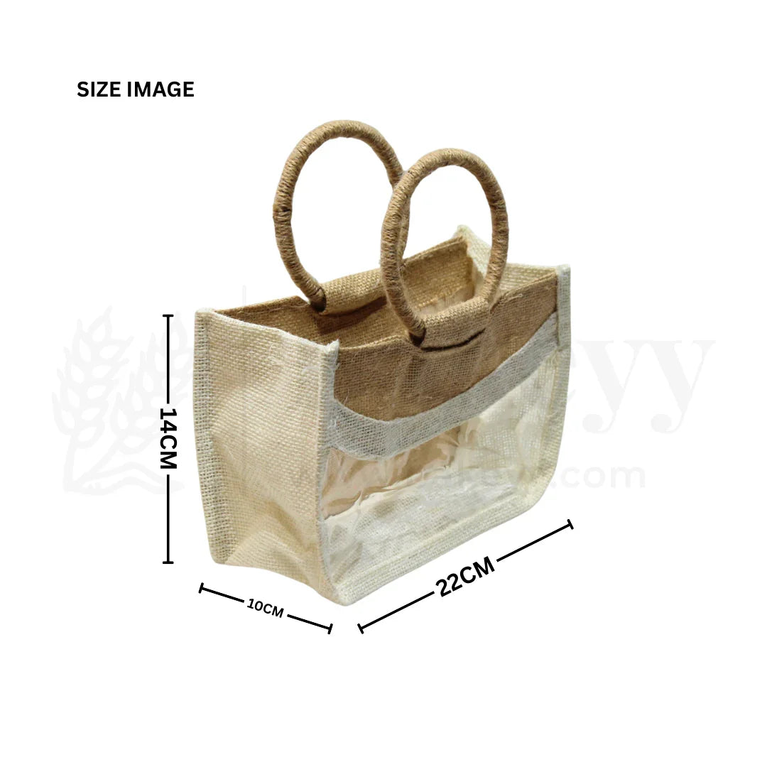 22x10x14 CM | Beige & Cream 2 Jar Jute Gift Bag with Window & Round Handles – 1 Piece
