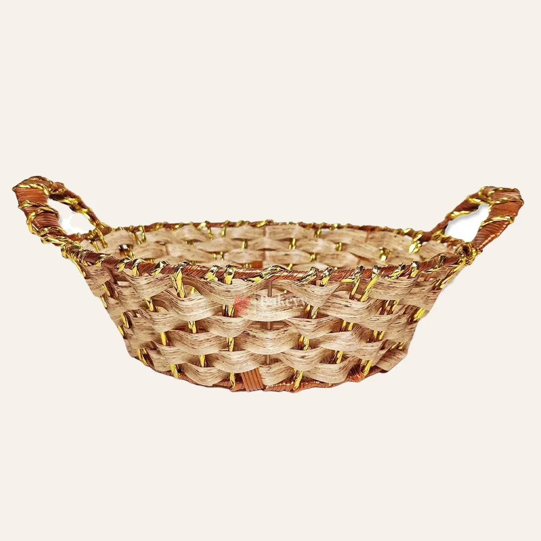 Rustic Handwoven Round Basket with Handles & Golden Border – Decorative Storage & Serving Tray - Bakeyy.com - India - Rustic Handwoven Round Basket with Handles & Golden Border – Decorative Storage & Serving Tray - Default Title