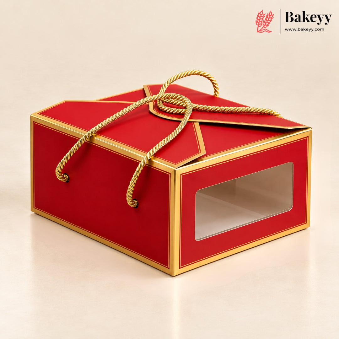 12x10x5 Inches | Premium Red Hamper Box with Window & Golden Handle Rope – Pack of 10