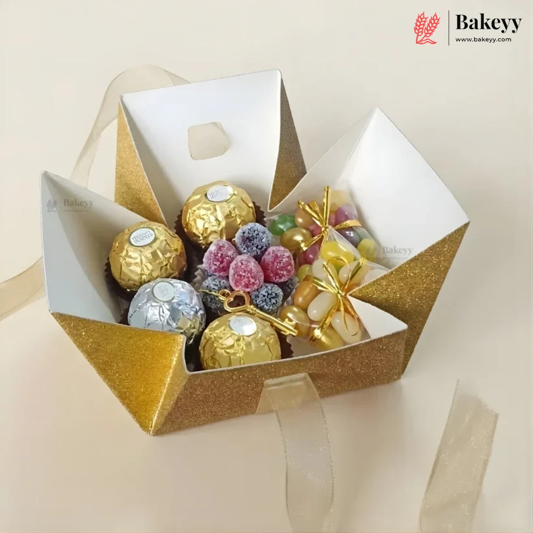 Glitter Gift Box with Ribbon | Elegant Paper Favor Box for Chocolates & Goodies | 3 Color Options | Pack of 10