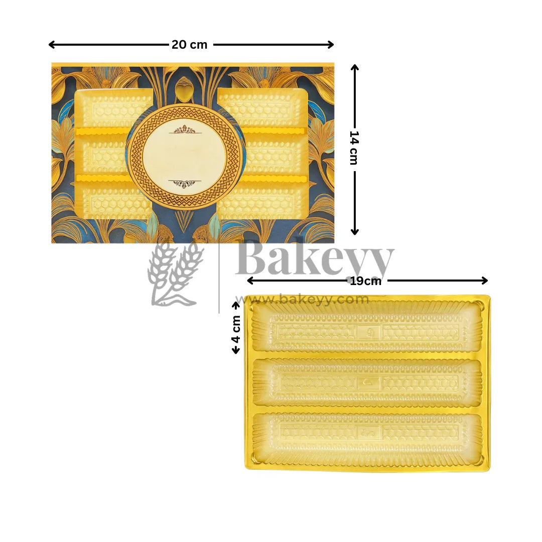 Half Kg Sweet Box | Royal Blue and Gold Sweet Box with 3 Cavity Golden tray | Pack of 10 - Bakeyy.com - India - Half Kg Sweet Box | Royal Blue and Gold Sweet Box with 3 Cavity Golden tray | Pack of 10 - Default Title