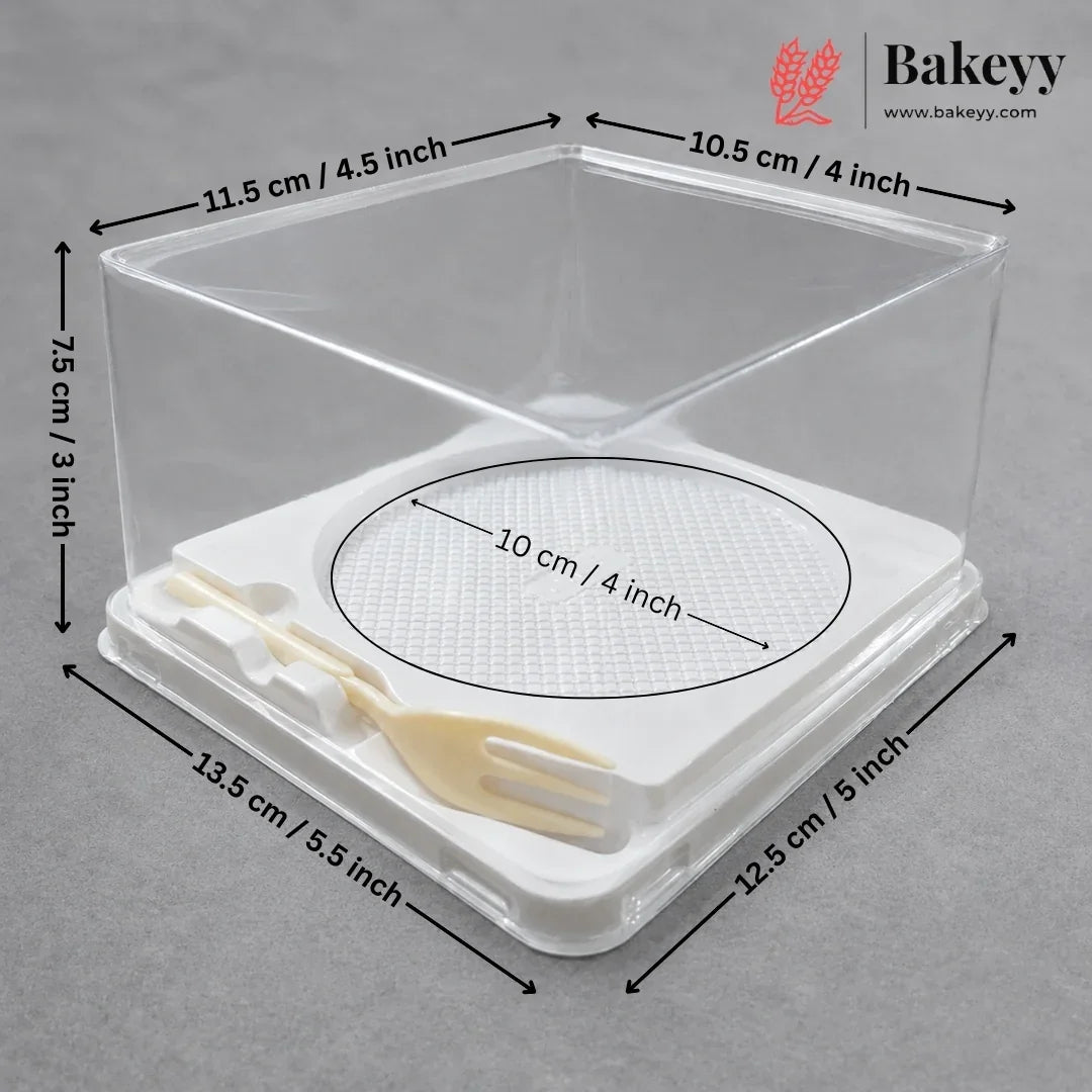 Clear plastic square storage container with a white lid, shown with overlaid dimension arrows and labels including Bakeey branding on a gray background.