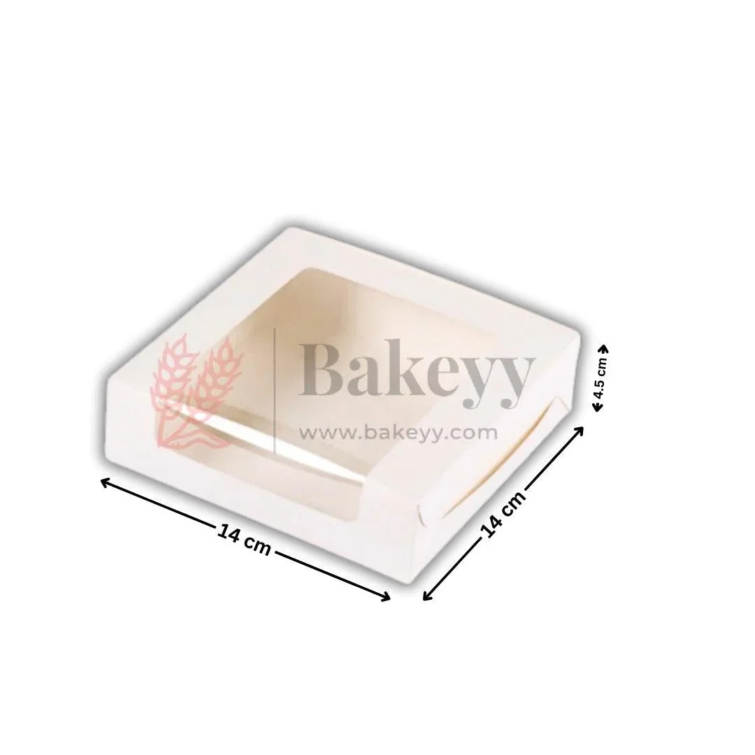 White bakery box with window, 14x14x4.5 cm, ideal for gift packaging from Bakeyy.com