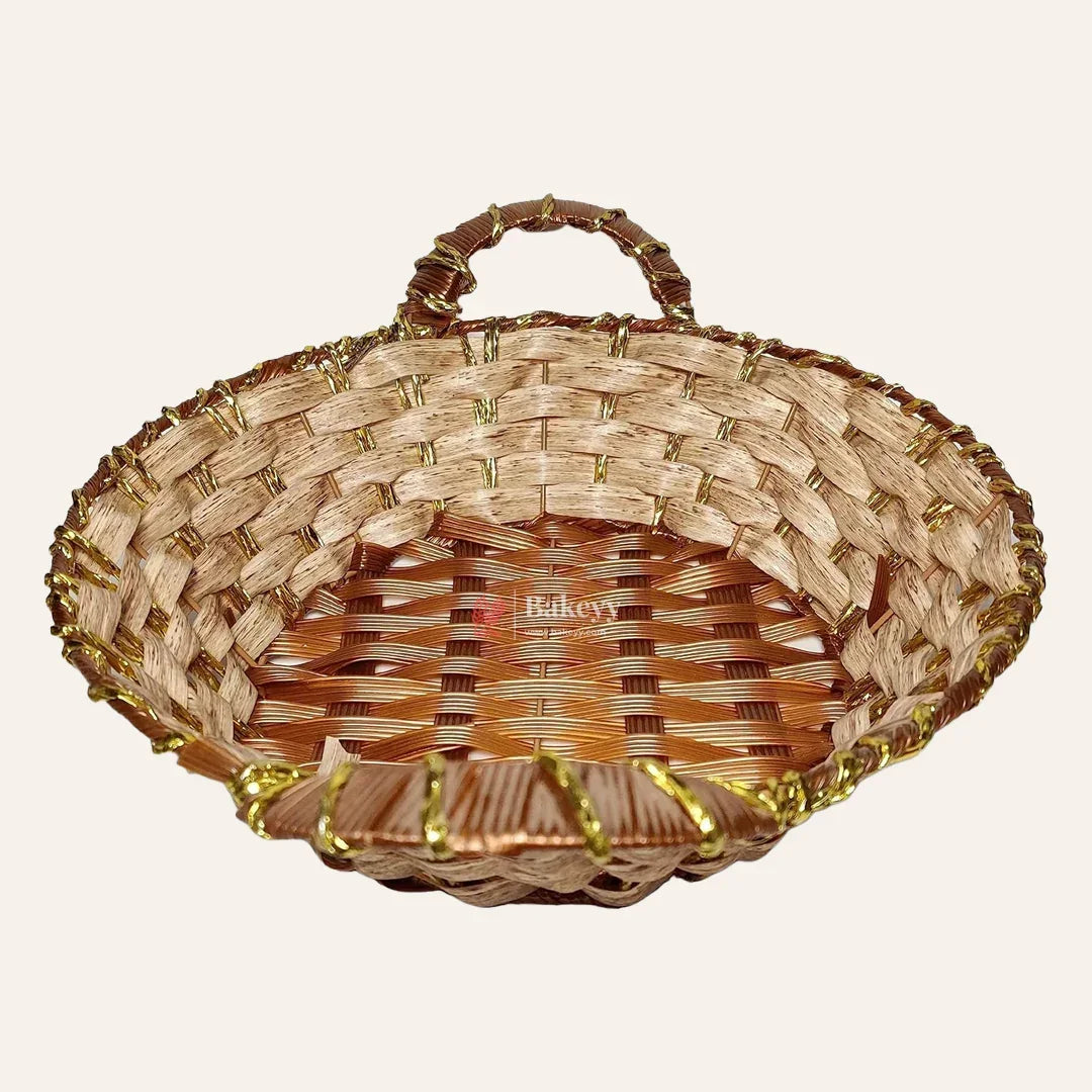 Rustic Handwoven Round Basket with Handles & Golden Border – Decorative Storage & Serving Tray - Bakeyy.com - India - Rustic Handwoven Round Basket with Handles & Golden Border – Decorative Storage & Serving Tray - Default Title