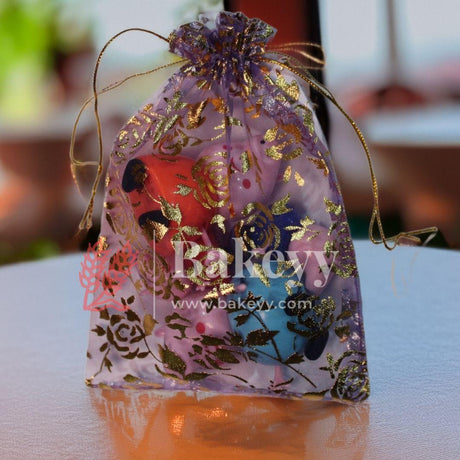 13x18 cm | Printed Organza Potli Bags | Light Purple Colour with Flower Design | Candy Bag | Pack of 70 - Bakeyy.com - India - 13x18 cm | Printed Organza Potli Bags | Light Purple Colour with Flower Design | Candy Bag | Pack of 70 - Default Title