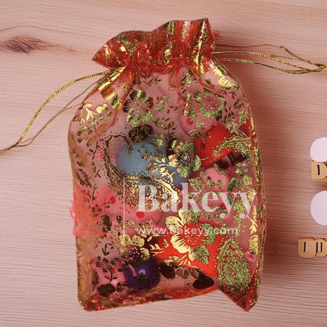 13x18 cm | Printed Organza Potli Bags | Red Colour with Flower Design | Candy Bag | Pack of 70 - Bakeyy.com - India - 13x18 cm | Printed Organza Potli Bags | Red Colour with Flower Design | Candy Bag | Pack of 70 - Default Title