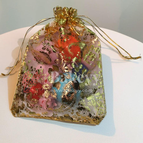 13x18 cm | Printed Organza Potli Bags | Gold Colour with Flower Design | Candy Bag |Pack of 70 - Bakeyy.com - India - 13x18 cm | Printed Organza Potli Bags | Gold Colour with Flower Design | Candy Bag |Pack of 70 - Default Title