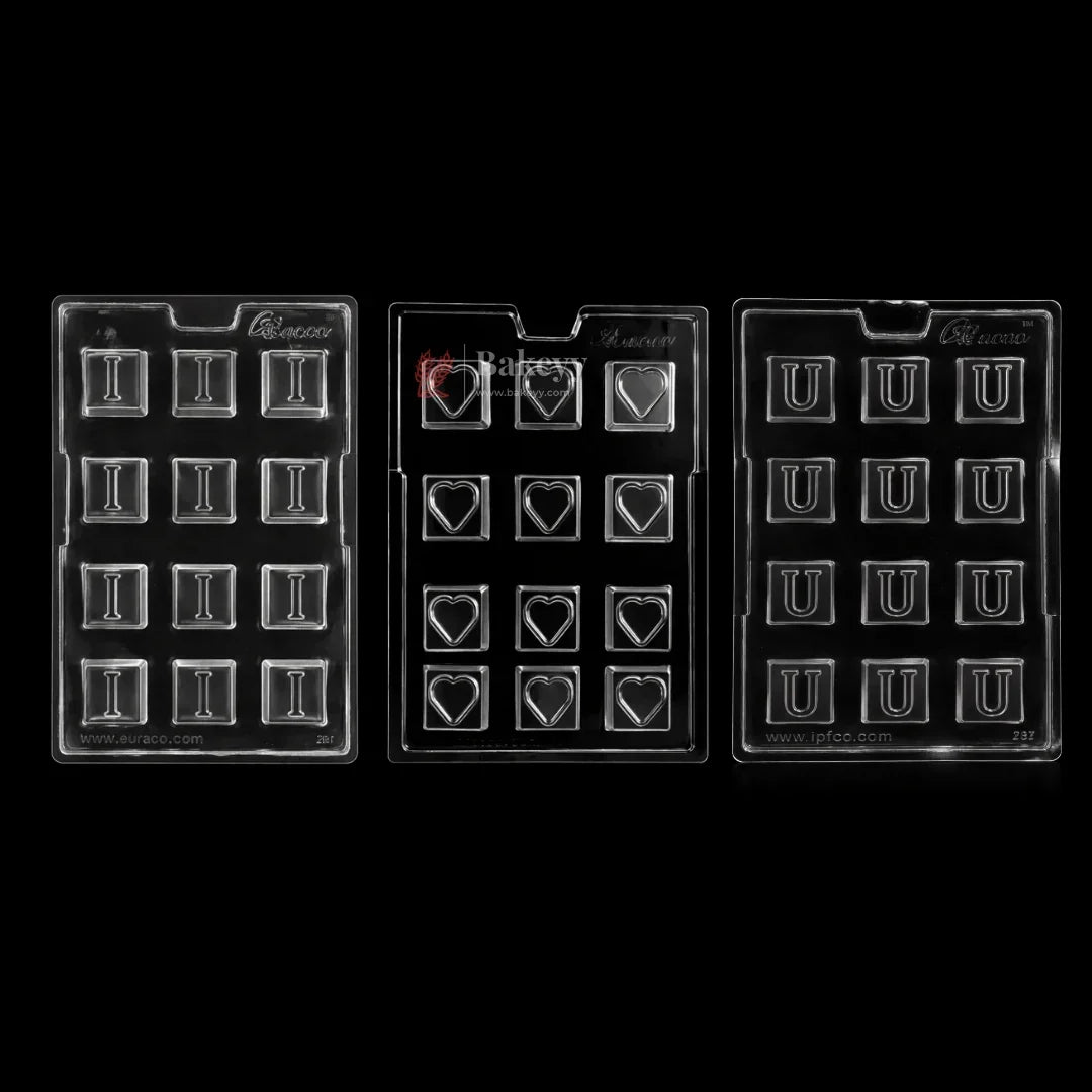 Mould 381, 382, 383 | “I”, Heart & “U” Letter Design | Alphabet & Heart Chocolate Mould | 12 Cavity | Pack of 1 - Bakeyy.com - India - Mould 381, 382, 383 | “I”, Heart & “U” Letter Design | Alphabet & Heart Chocolate Mould | 12 Cavity | Pack of 1 - I 70.00
